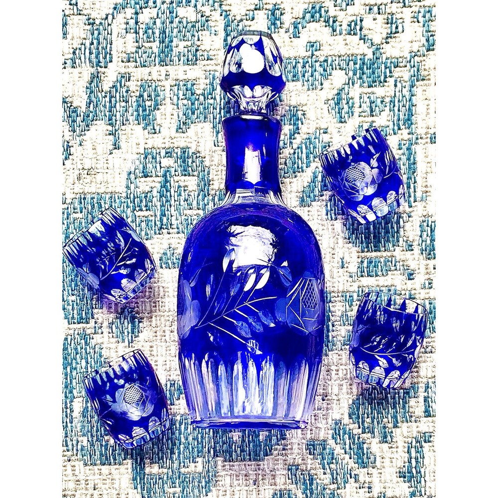 Vintage Bohemian Glass Cobalt Blue Flashed Decanter Set Etched Rose Cordial 5 Pc